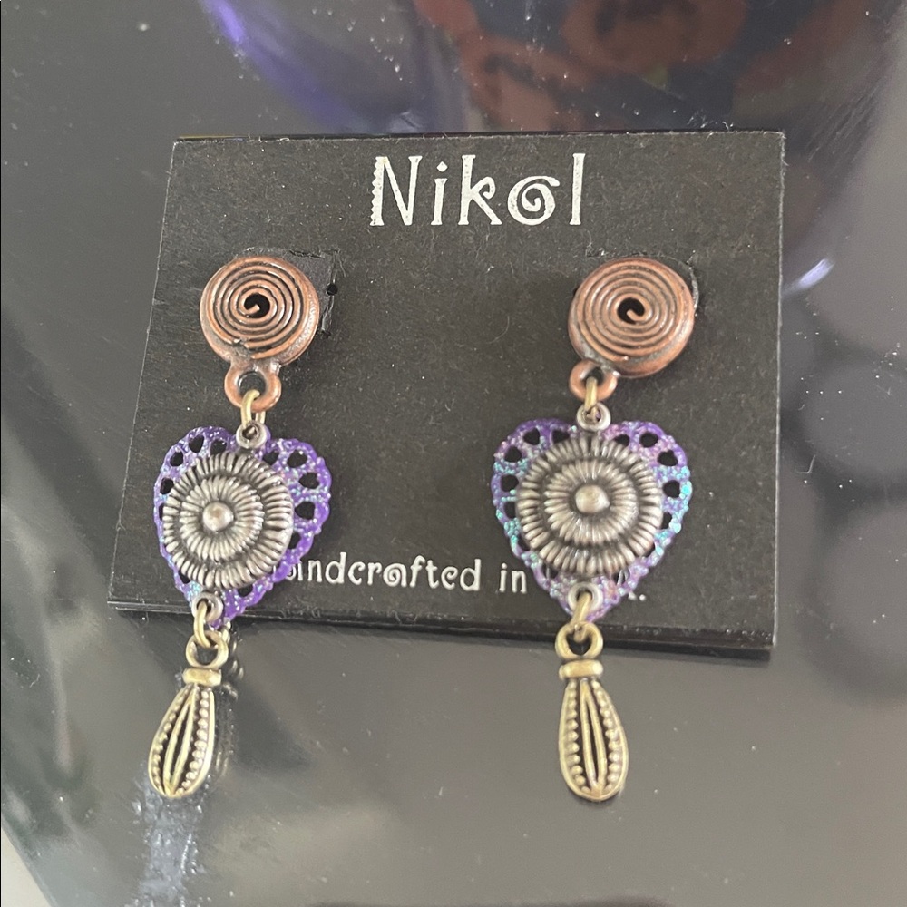 Handcrafted Purple and Antiqued Gold Heart Drop Earrings